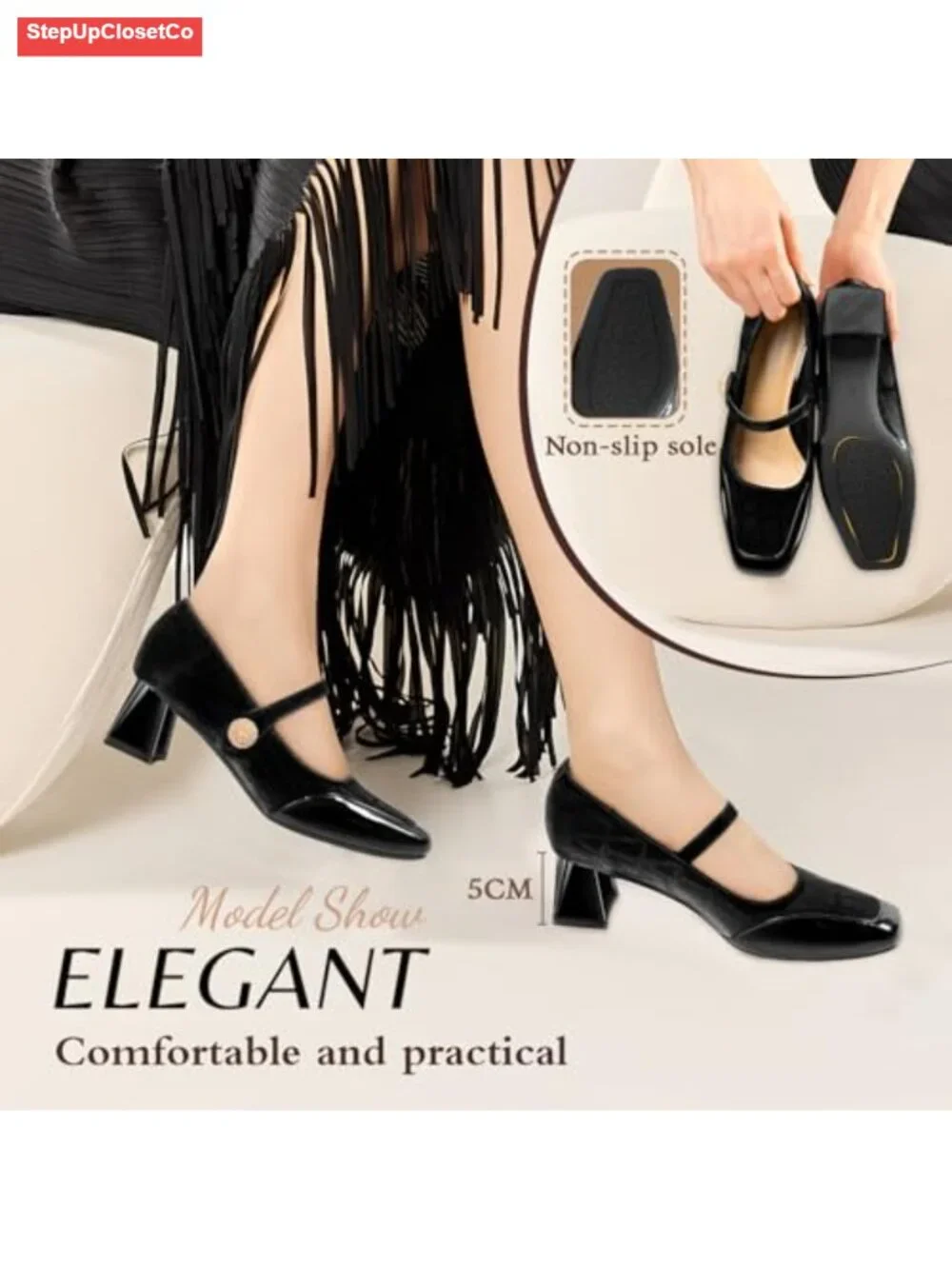 Women's Square Toe Mary Jane Chunky Block Heels Pumps Dress Shoes